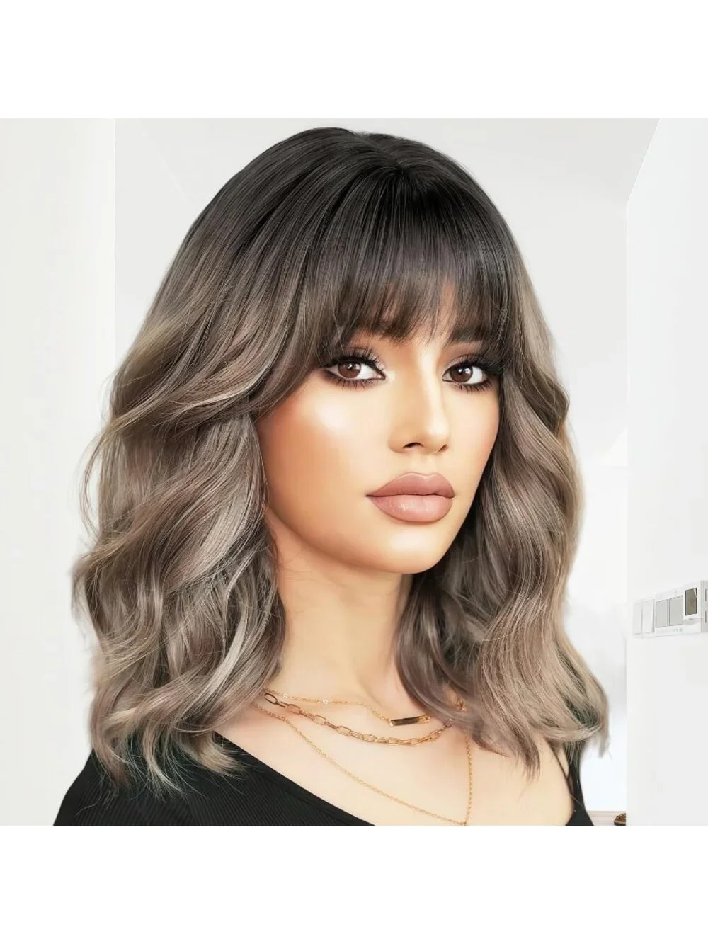 Women's Ombre Brown 14 Inch Heat Resistant Short Wavy Hair Pastel Bob Wig Bangs